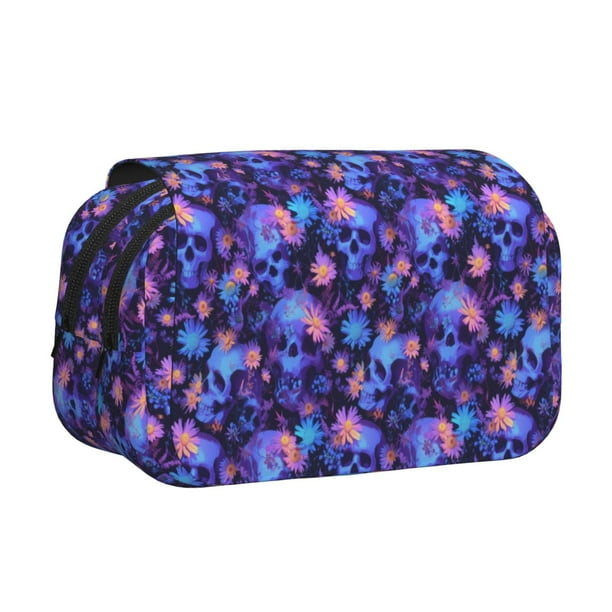Disketp Skull daisy purple Estuche de Lápices de Doble Capa con Tapa Abatible y Cremallera, Organizador Escolar para Adolescentes y Adultos