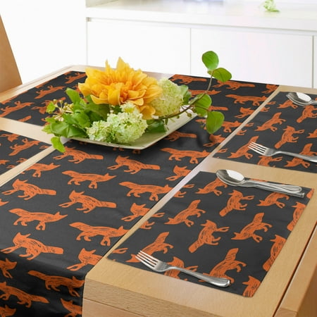 

Fox Table Runner & Placemats Forest Animal Silhouette Pattern Sketch Style Mammals of European Origins Set for Dining Table Decor Placemat 4 pcs + Runner 12 x72 Orange Charcoal Grey by Ambesonne