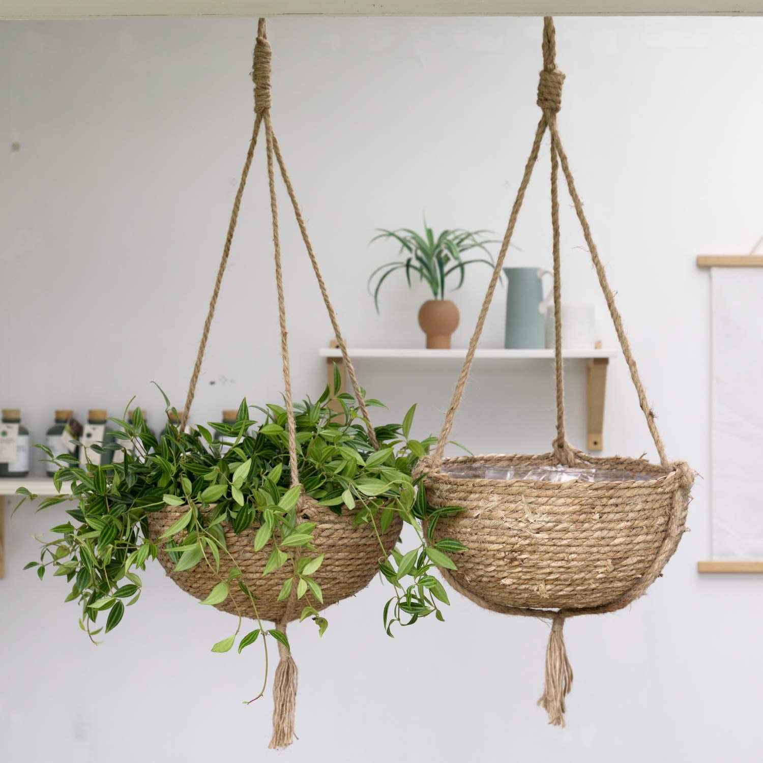 Bohemian Style Hanging Planters for Room Balcony Courtyard 3 Sets of Natural Seagrass Basket planters Flower Plant Hanger with Plastic Liner Hanging Planter for Indoor Plants Seagrass White