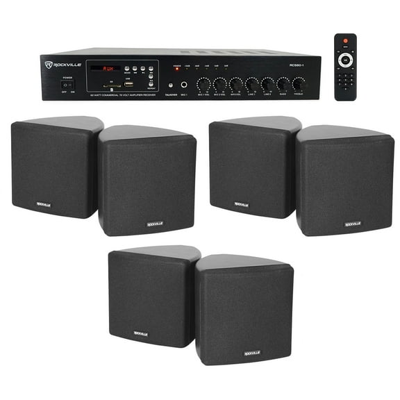 Rockville Commercial Restaurant Bluetooth Amplifier (6) 3.5" Black Cube Speakers