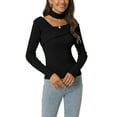 thumbnail image 1 of INSPIRE CHIC Women's Long Sleeve V Neck Chocker Slim Fit Sweater Tops Black L, 1 of 6