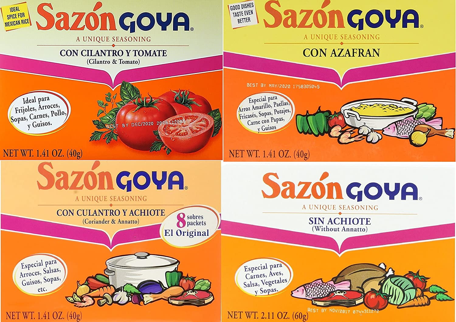 Sazon Goya Unique Seasoning Variety 4Pack Bundle, Culantro Y Achiote (with Coriander and