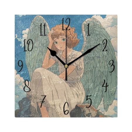 WOBOGO Cute Curly Angel Wall Clock 7.78 Inch Battery Operated Silent Unit Square Rustic Vintage Style for Home Bedroom Office Black Pointer