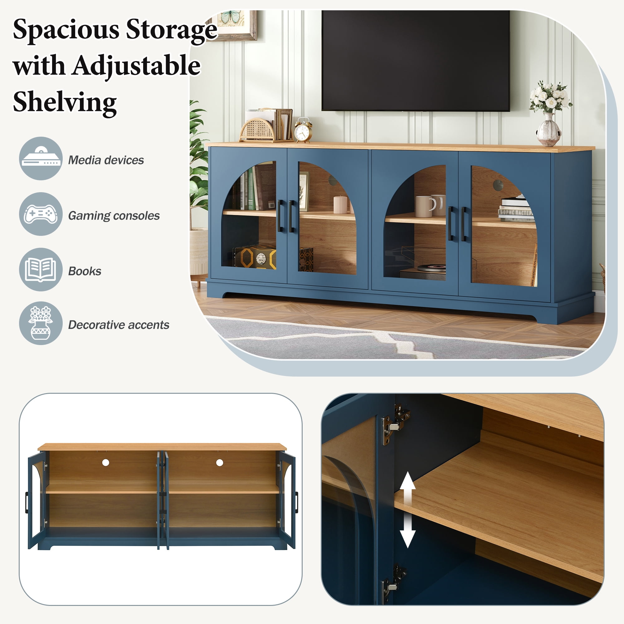 Homy Casa 67" TV Stand Media Console for TVs up to 70", Arched Glass Doors, Adjustable Shelves, Blue