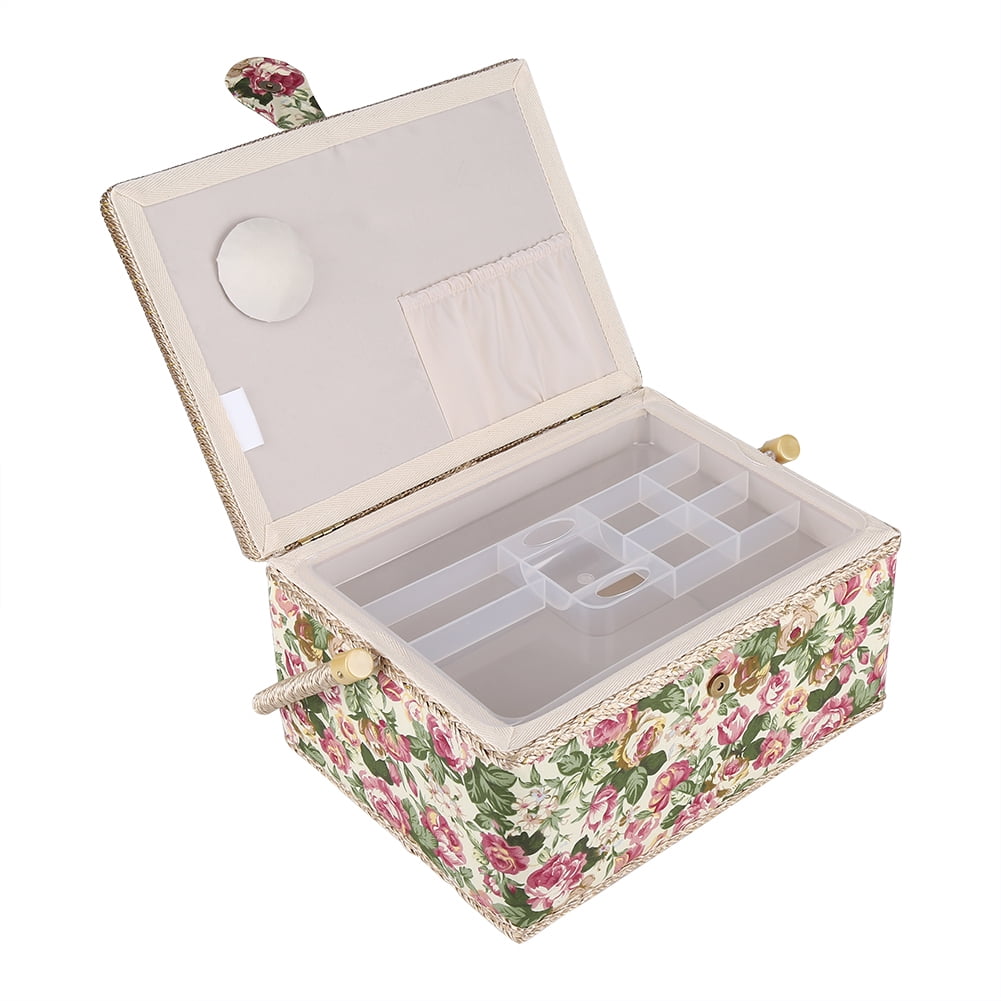Floral Printed Sewing Basket 12.0 x 9.1 in Vintage Sewing Box Sewing Kit with Ollapsible Handle and Removable Tray for Home Storage Box Organizer
