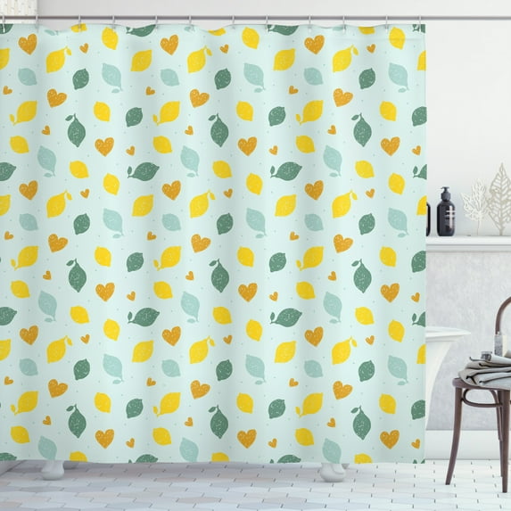 Lemons Shower Curtain, Scribbled Figures of Lemon and Heart on Sparse Polka Dotted Background, Fabric Bathroom Set with Hooks, 69W X 70L Inches, Yellow Apricot Blue Grey, by Ambesonne