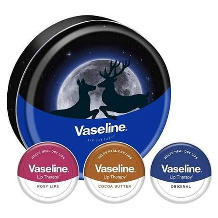 Vaseline Lip Balm Original Winter Selection Tin Gift Set includes Original Lip Therapy, Rosy Lips Lip Therapy, Cocoa Butter Lip Therapy In Storage Tin