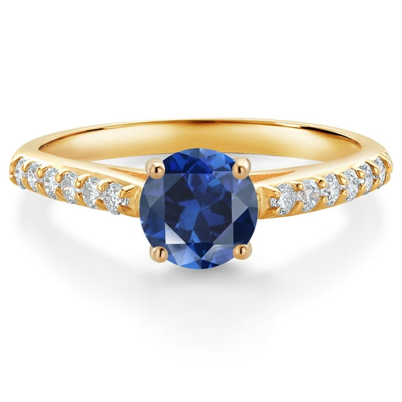 Gem Stone King 10K Yellow Gold Blue Created Sapphire and White Lab Grown Diamond Engagement Ring for Women (1.18 Cttw, Gemstone September Birthstone, Round 6MM, Size 9)