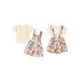 thumbnail image 3 of Aojekbee Toddler Girl Summer Outfit Solid Color Ribbed Short Sleeve Tops and Flower Print Suspender Shorts Overalls 2Pcs Clothes Set, 3 of 10
