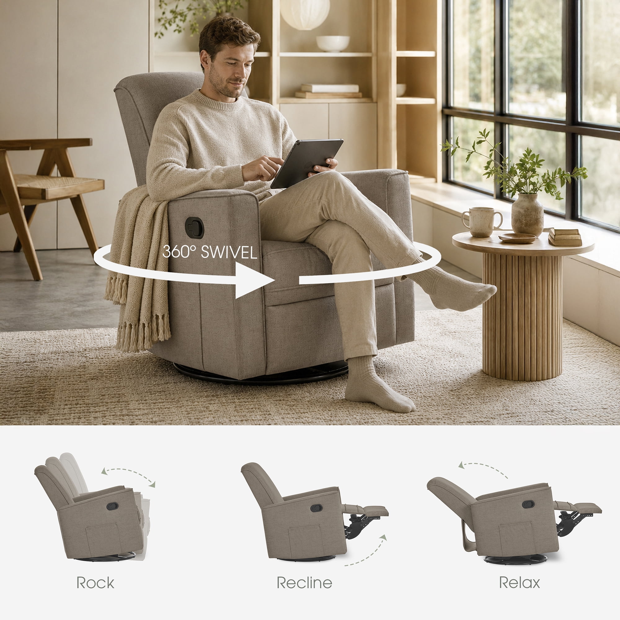 Evolur Raleigh Basic Glider |Recliner| Rocker, Light Truffle
