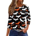thumbnail image 1 of Camiseta de mujer con estampado de Halloween, manga 3/4, para uso diario, fin de semana, básica, cuello redondo, top regular, 1 of 5