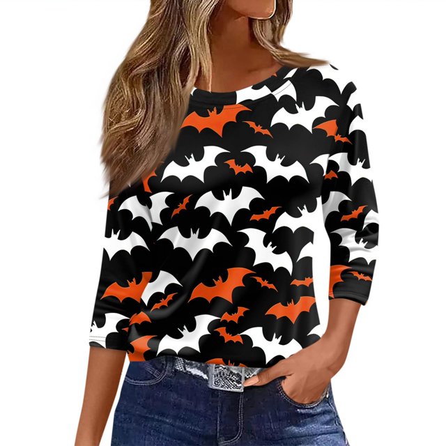 Camiseta de mujer con estampado de Halloween, manga 3/4, para uso diario, fin de semana, básica, cuello redondo, top regular