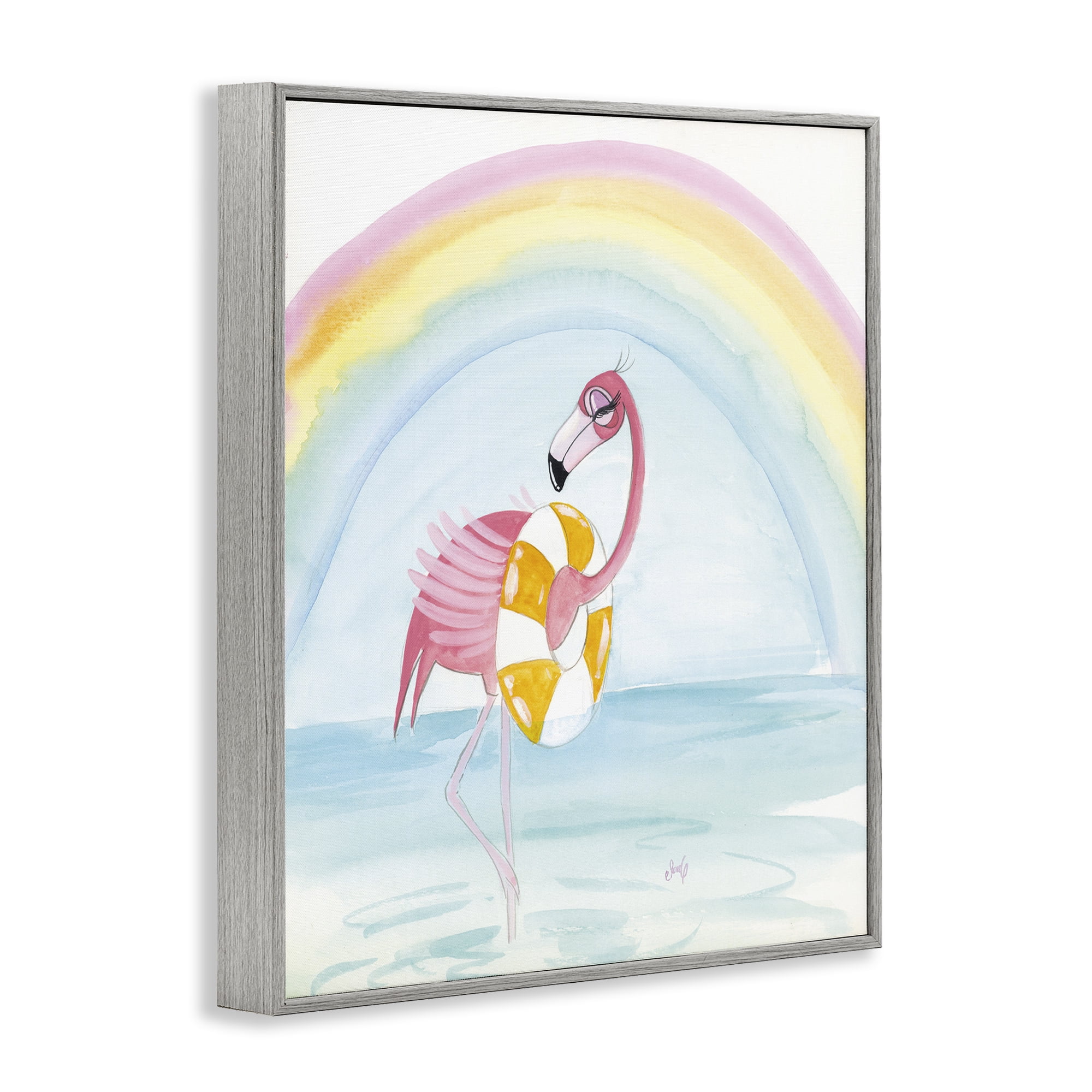 Stupell Industries Summer Beach Flamingo Coastal Painting Gray Framed Art Print Wall Art, 24 x 30