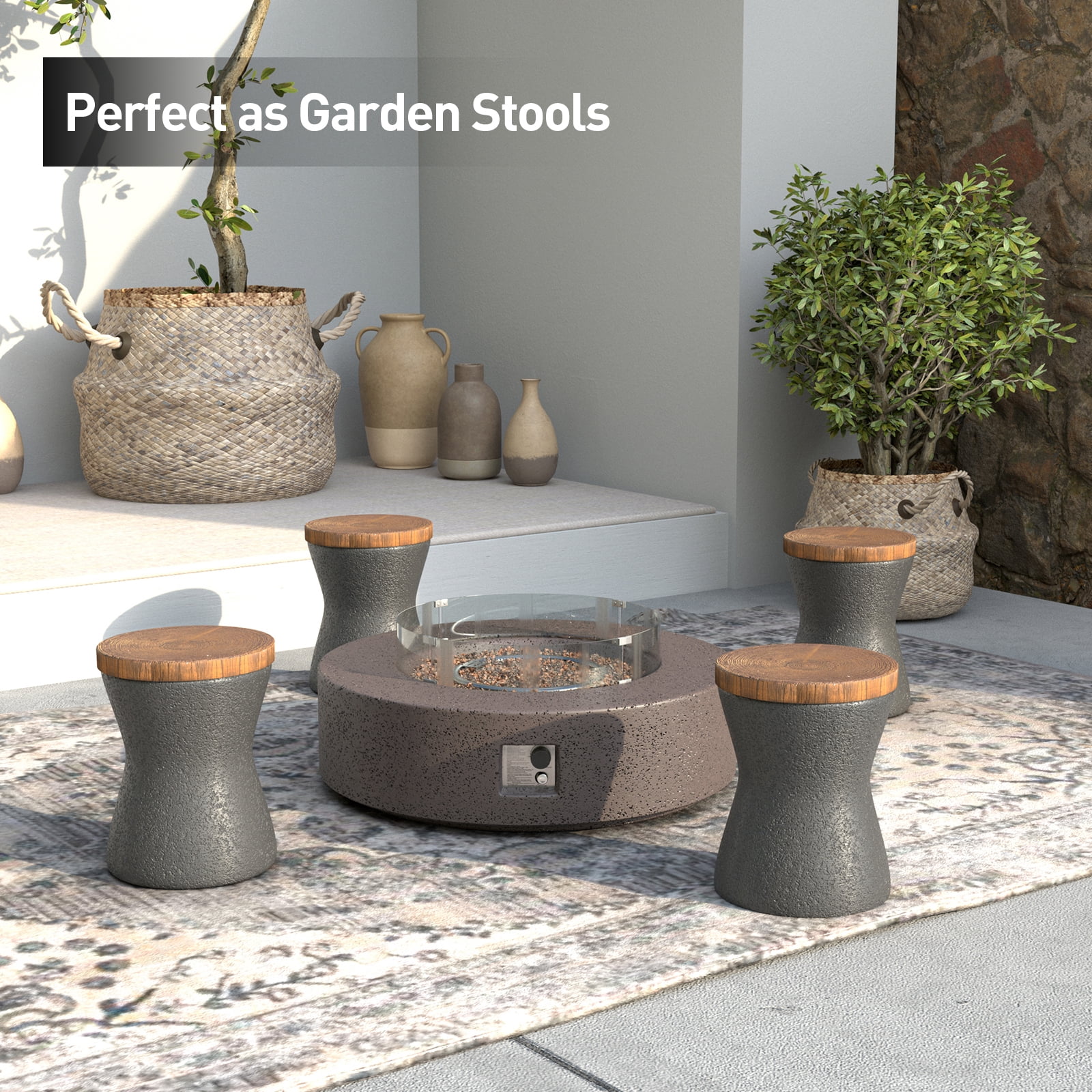 VENTOPYR 2 PCS Concrete Outdoor Side Table with Wood Grain Top,Small Jar Shaped Round Accent End Table for Patio, Garden,Black