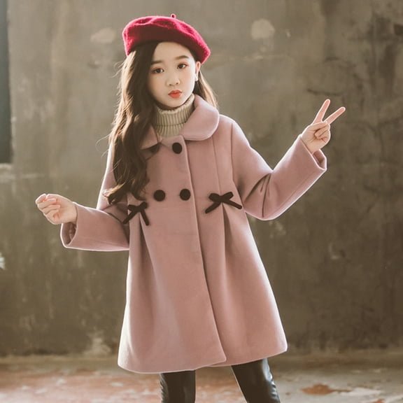 JIAYUE Girls Child Coats Jackets Solid Color Long Sleeve Collared Button Overcoat For Toddler Fall Winter Warm Layering