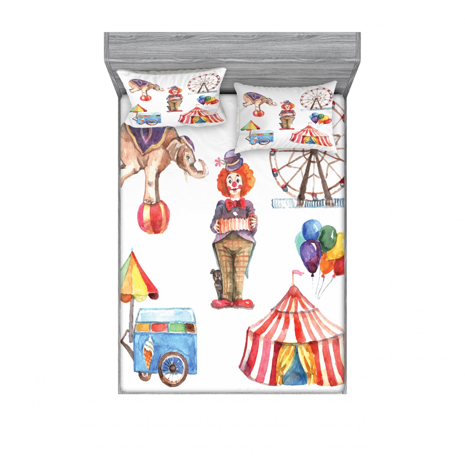 Circus Bedding Set with Sheet & Covers, Festive Elements Clown Elephant
