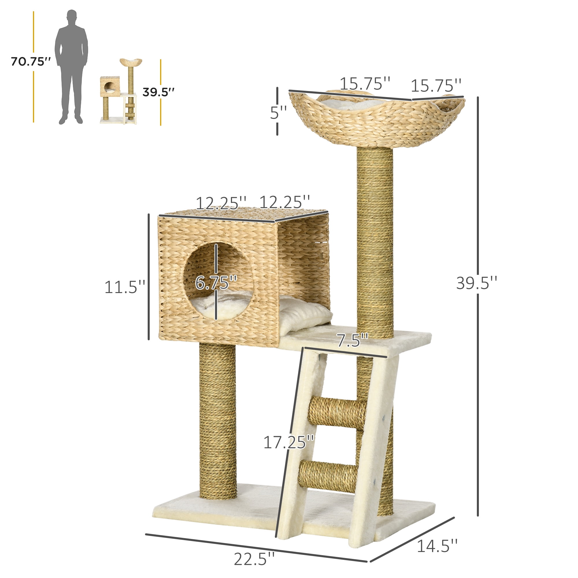 PawHut Cattail Weave Cat Tree for Indoor Cats with Rattan Cat Condo, Bed