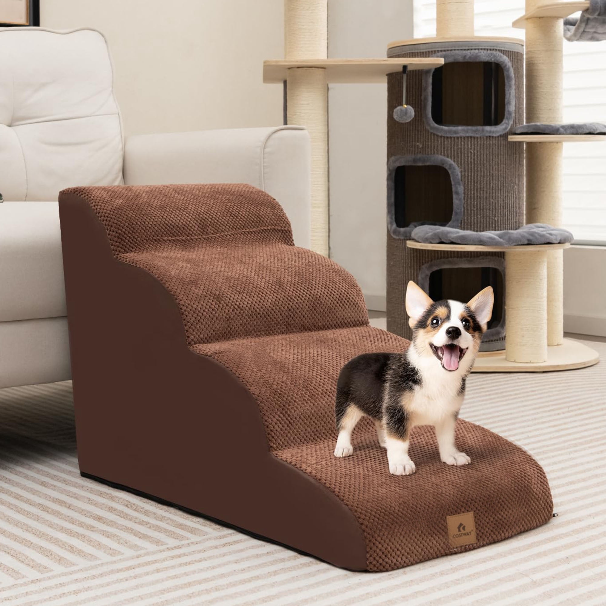 resenkos 28" Pet Stairs for Small Dogs, 4-Step Dog Ramp for Beds and Couch, Non-Slip Balanced Indoor Step, Brown