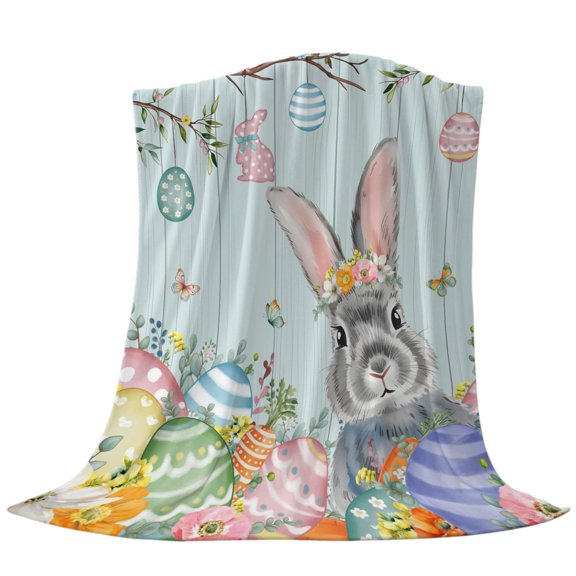 Easter Rabbit Throw Flannel Blanket Spring Floral Eggs Branches Green Wood Grain Super Soft Cozy Bed Blanket, Lightweight Plush Fuzzy Bed Throw for Bedroom Sofa Couch Living Room 30x40in