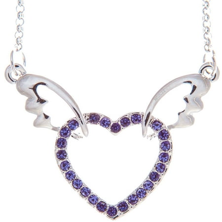 Rhodium Plated Necklace with Winged Heart Design with a 16 Extendable Chain and High Quality Purple Crystals by Matashi