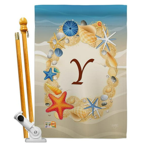 Breeze Decor BD-BN-HS-130181-IP-BO-D-US14-BD 28 x 40 in. Summer Y Initial Coastal Beach Impressions Decorative Vertical Double Sided House Flag Set & Pole Bracket Hardware