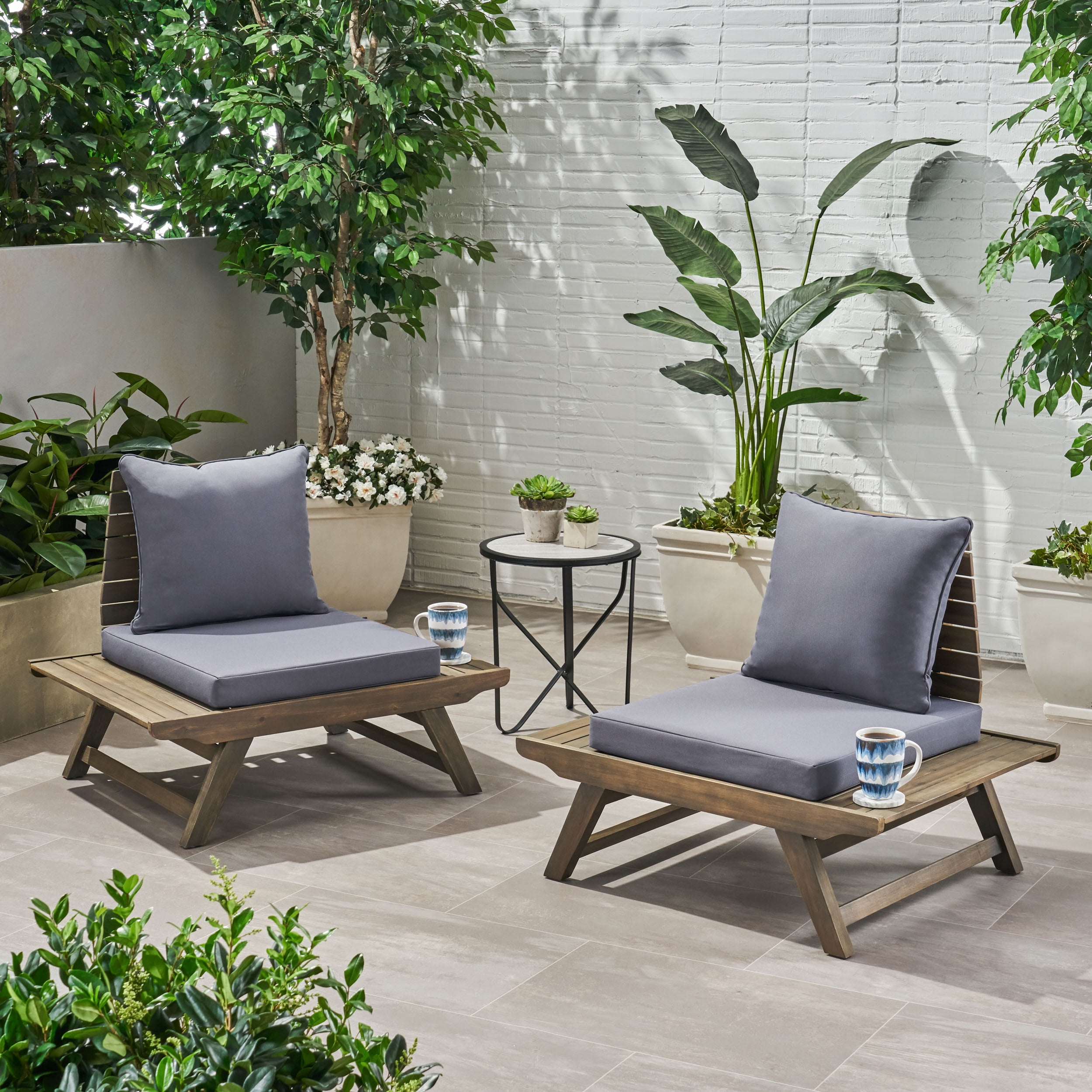 Ledger Outdoor Wooden Club Chairs with Cushions, Set of 2, Dark Gray
