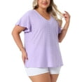thumbnail image 4 of Blusa de manga acampanada de talla grande para mujer Agnes Orinda, escote en V, camiseta hueca de primavera y verano, 1X, púrpura claro, 4 of 6