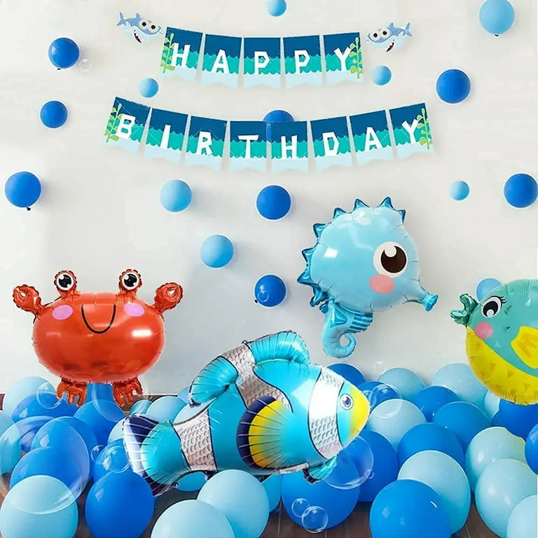 Mmtx Under The Sea Ocean Theme Shark and Fish Birthday Party Decorations for Boys, Marine Life Blue Balloons Arch Set with Banner, Marine Animals Foil