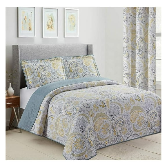 Yellow Grey Paisley Bedspread Set Twin - Reversible Quilt Coverlet & Sham - Lightweight Floral Bedding for All Seasons - Traditional Quilted Design