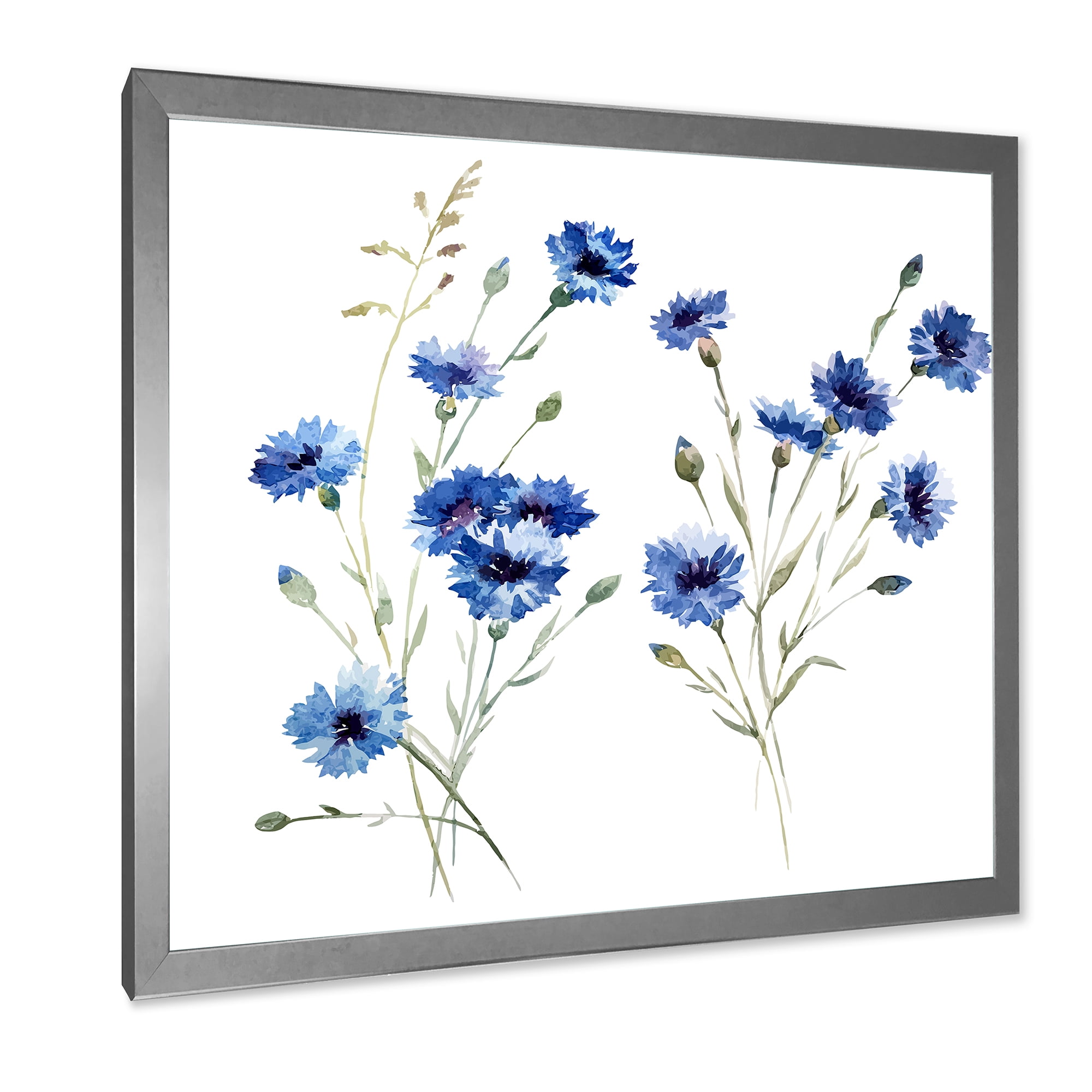 Designart 'Blue Cornflowers With Green Leaves On White III' Traditional Framed Art Print