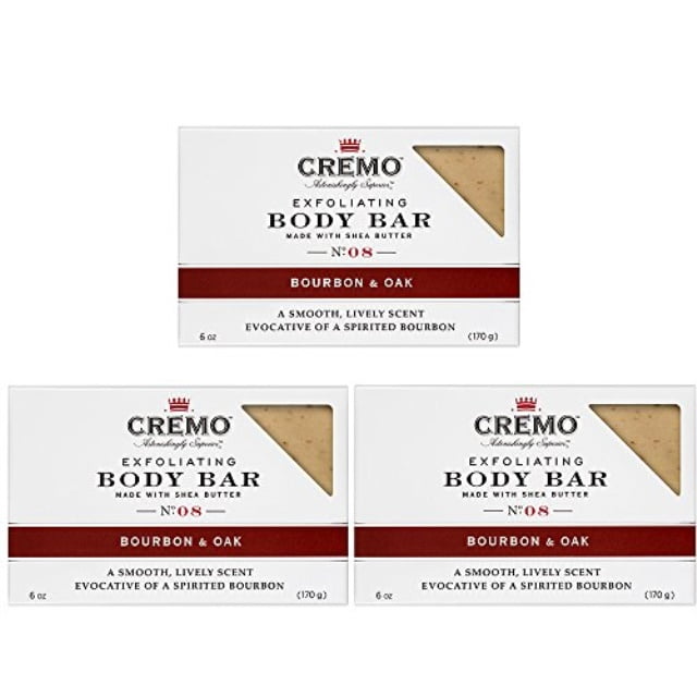 cremo exfoliating body bar with shea butter, bourbon & oak, 6 oz. (pack of 3)