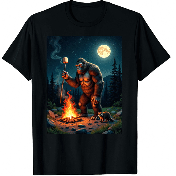 Bigfoot Sasquatch Roasting Marshmallows Camping Adventure Graphic Black T-Shirt for Men and Women