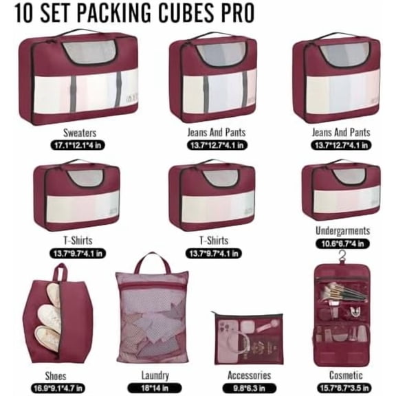 10 Set Packing Cubes for Travel Essential, Suitcase Organizer Bags in 4 Sizes, Carry-On Luggage Accessories with Large Laundry & Hanging Toiletry Bag, Must-Have for Airplane, Road Trip & Camping