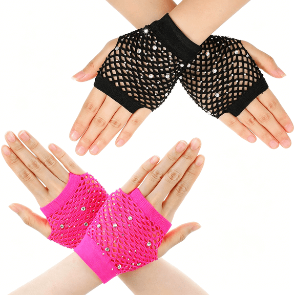TELOLY 2 Pairs Short Kids Fishnet Gloves Fingerless with Rhinestone for Women Girls Fingerless Gloves Halloween