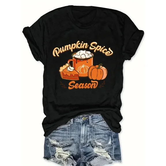 Women'S Plus Size Pumpkin Spice Graphic T-Shirt - Casual Crew Neck, Short Sleeve, Slight Stretch, Fall-Themed Print for All Seasons