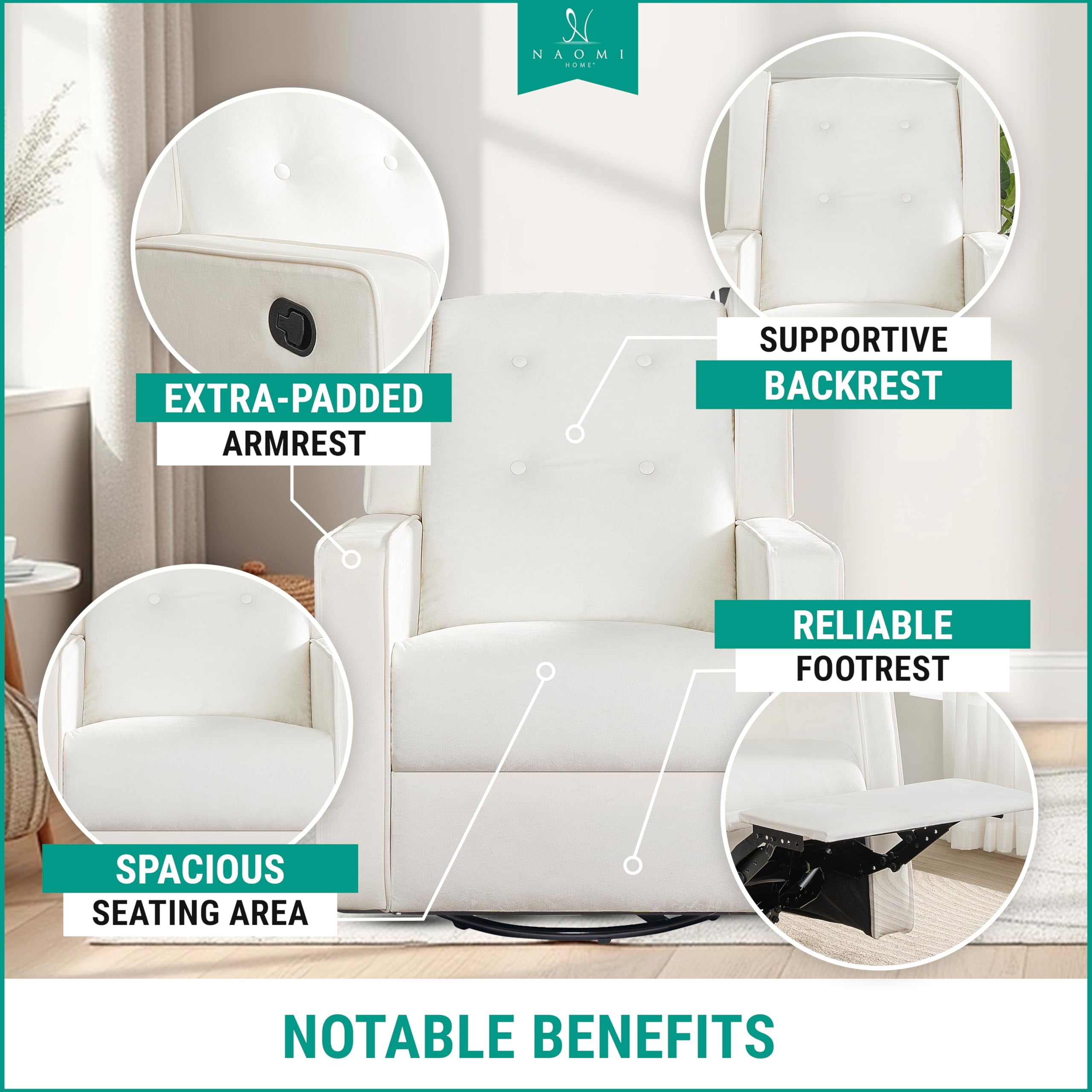 Relax and Bond with Your Baby in Style – Odelia 360° Swivel Glider Rocker Recliner for Nursery and Maternity | Plush Cushions, Gentle Rocking Motion, Soft Microfiber Upholstery - Bright White