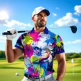 thumbnail image 3 of HOMYGIFTS Men’s Pop Art Neon Grunge Golf Polo – Graffiti Spray & Metallic Sunburst, 3 of 9