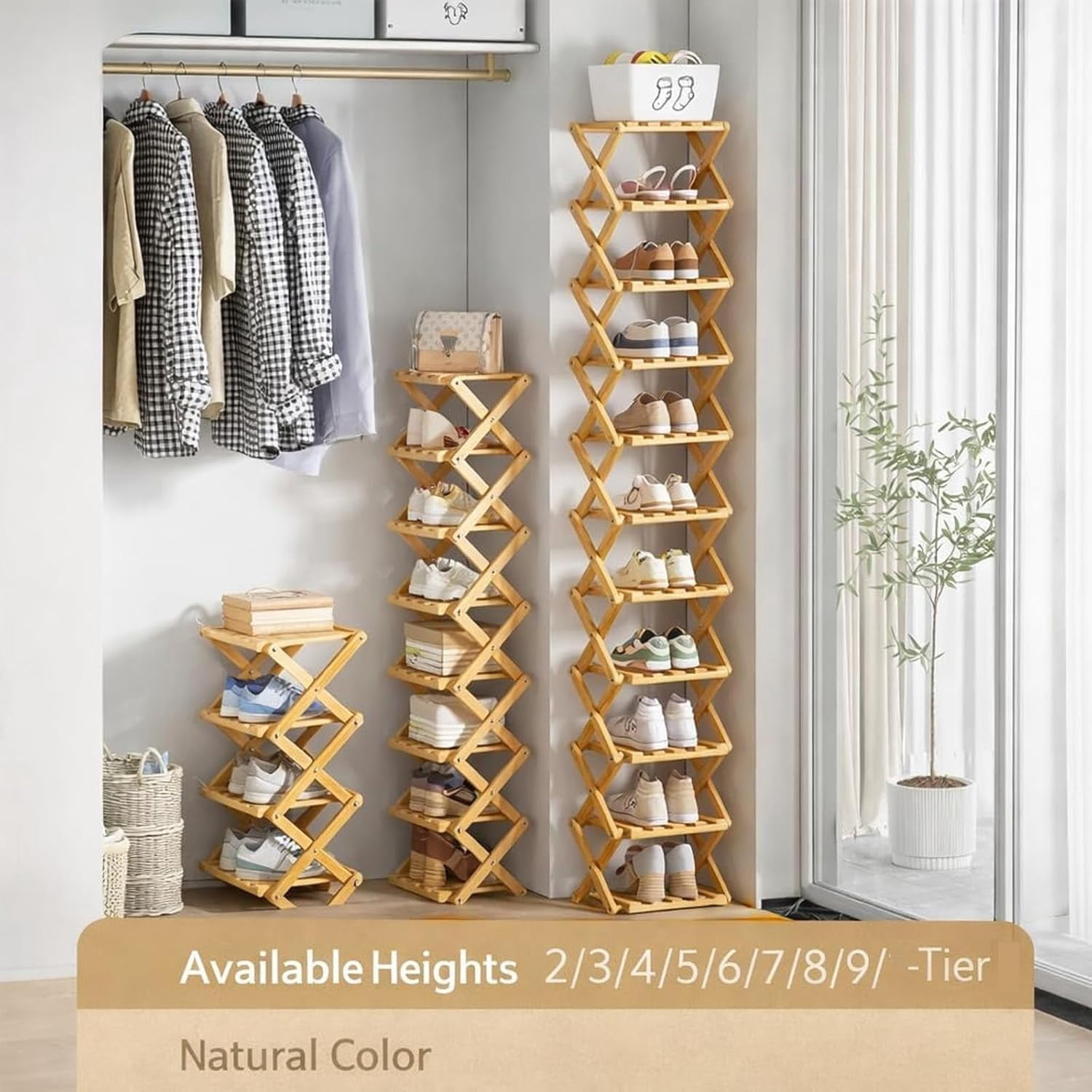 Bamboo Shoe Storage Rack – Foldable Shoe Rack for Small Spaces, Narrow Shoe Shelf for Entryway, Closet and Bedroom
