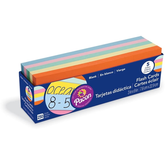Pacon Blank Flash Card Dispenser Box, 5 Assorted Colors, Unruled 3" x 9", 250 Cards