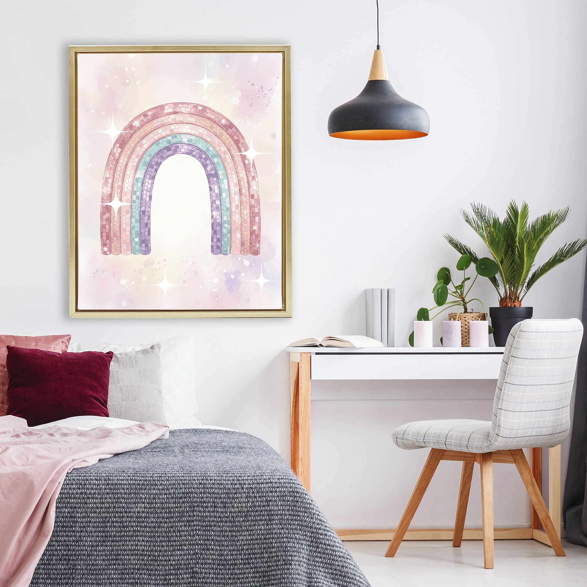 Stupell Industries Pastel Disco Rainbow Sparkles Gold Framed Floater Canvas Wall Art, design by Lil' Rue