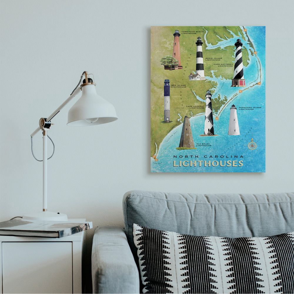 Stupell Industries Map of Lighthouses in North Carolina Coastal Design Canvas Wall Art Design by Art Licensing Studio