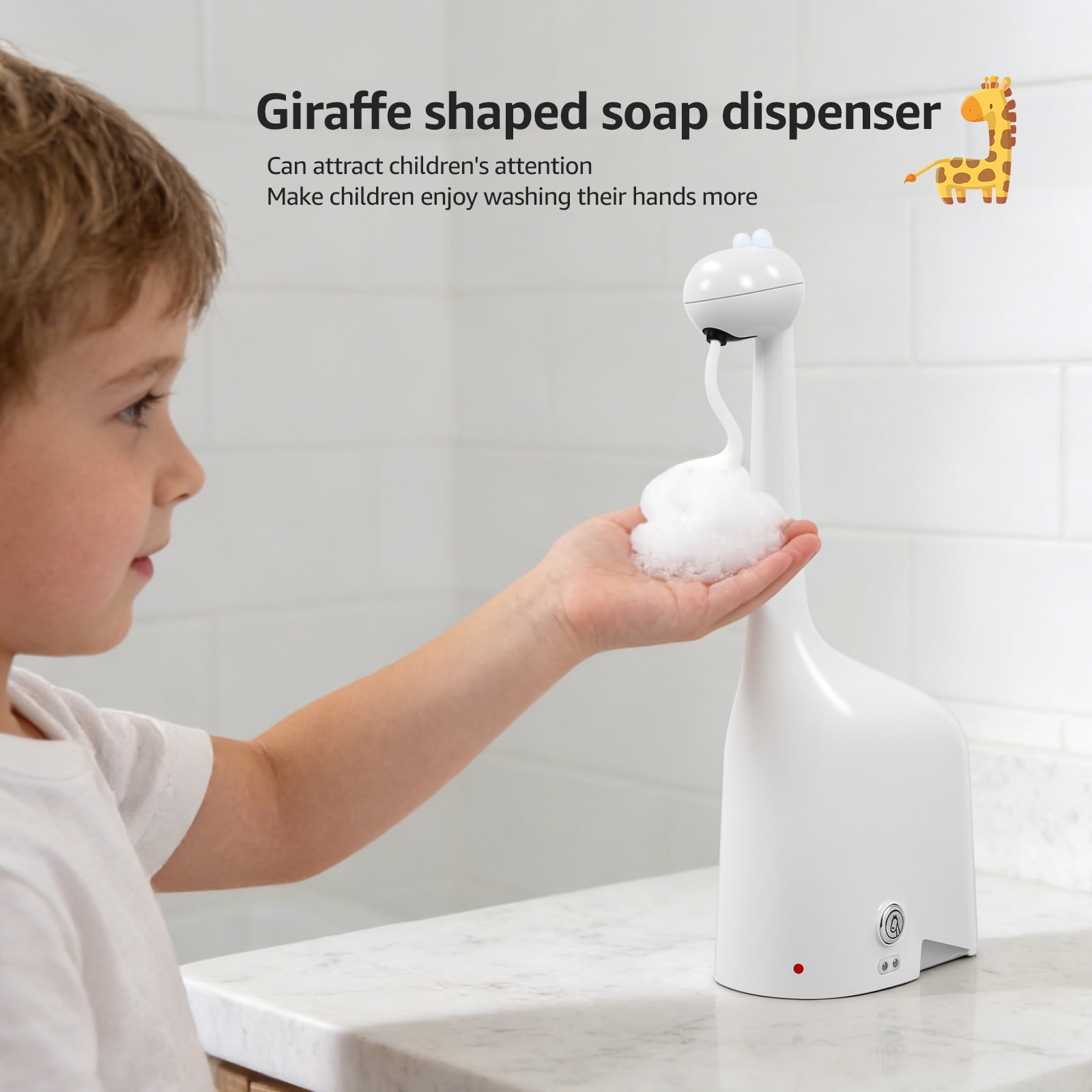 NUAHRHY Automatic Foaming Soap Dispenser, Giraffe Shaped 10oz Touchless Smart Dispenser, Whimsical Design Rechargeable with Infrared Sensor IPX5 Waterproof for Bathroom Kitchen, Unique Decor