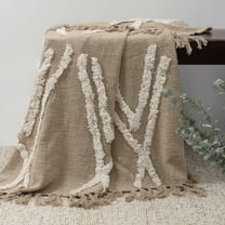 Ox Bay Tan/Ivory Shag Geometric Fringe Lightweight Cotton Throw Blanket, 50" x 60"