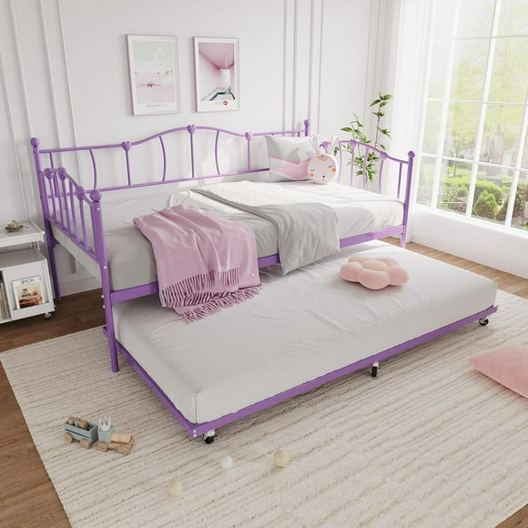 Metal Twin Daybed With Trundle Bed, Twin Size Day Bed With Pullout Trundle and Headboard, Metal Sofa Bed Frame With Steel Slat Support for Living Room, Bedroom, No Box Spring Needed, Purple