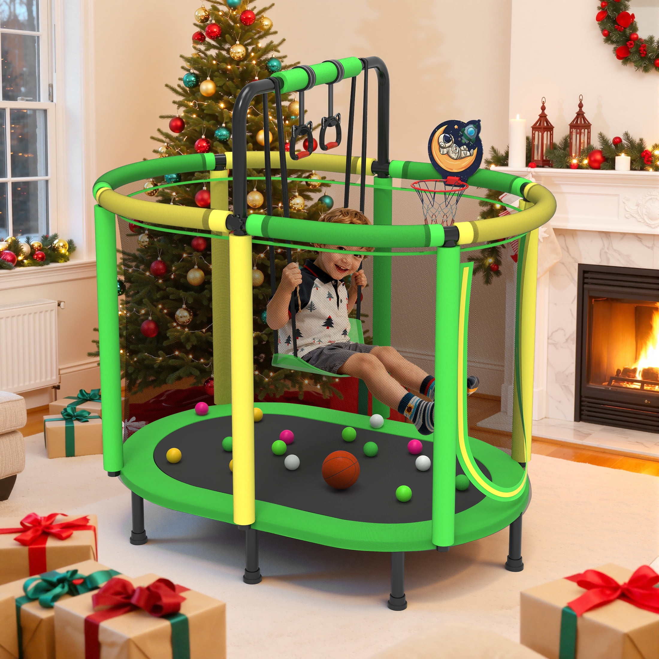 60" Toddler Trampoline with Safety Enclosure Net, SEGMART Upgraded Kids Trampoline with Basketball Hoop, Swing, Rings, Balls, Indoor Outdoor Mini Trampoline Birthday Gift for Kids Ages 3-9