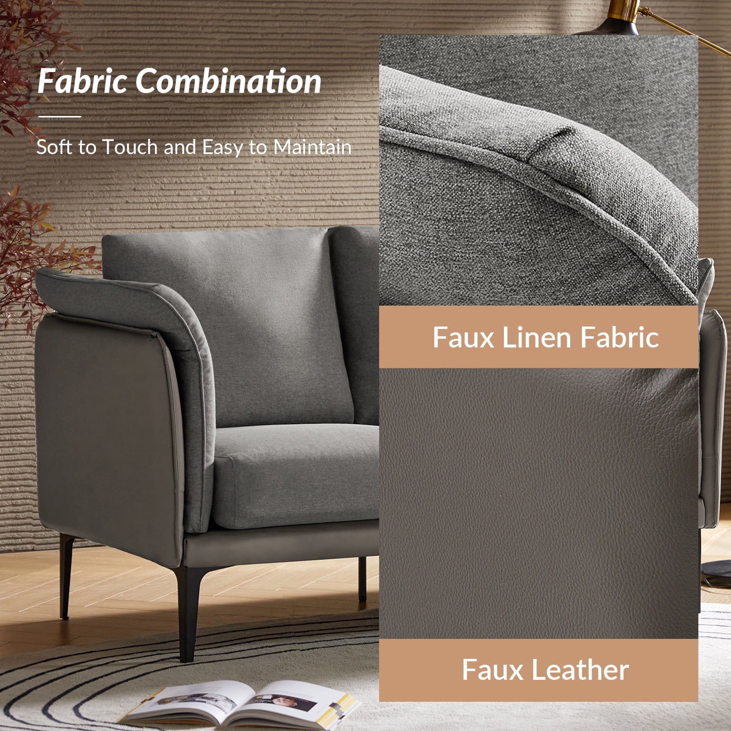 Modern Loveseat with Metal Legs Curved Arms Linen Leather Fabric Sofa for Living Room Grey