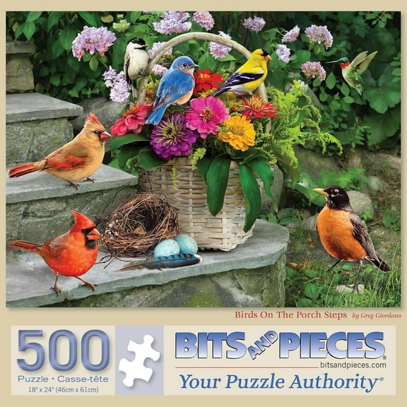 Bits and Pieces - 500 Piece Jigsaw Puzzle for Seniors - 18" x 24" - Birds on The Porch Steps - 500 pc Large Lettered Pieces Colorful Scenic Jigsaw