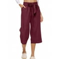 thumbnail image 4 of bbyeadc Pedal Pushers for Women Linen Capri Pants Dressy Casual Knee Length Elastic Waist Plus Size Shorts Trendy Summer Linen Capri Pants with Pockets, Wine S, 4 of 5