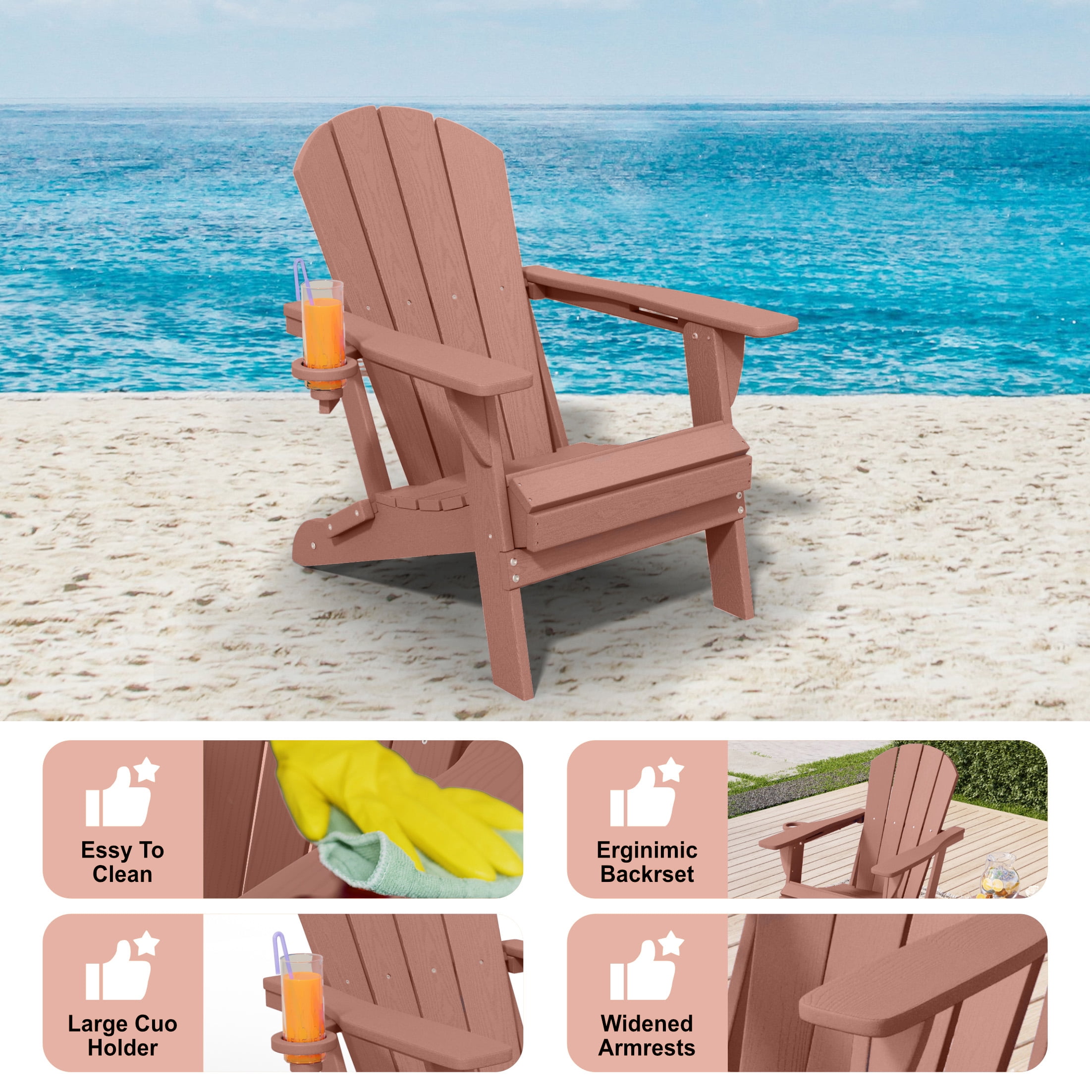 Adirondack Chair,HDPE All-Weather Patio Chairs Outdoor with Cup Holder, Lawn Chair with Weather Resistant for Outside Deck Lawn Garden, Weight Capacity Up to 380 Lbs –Coffee