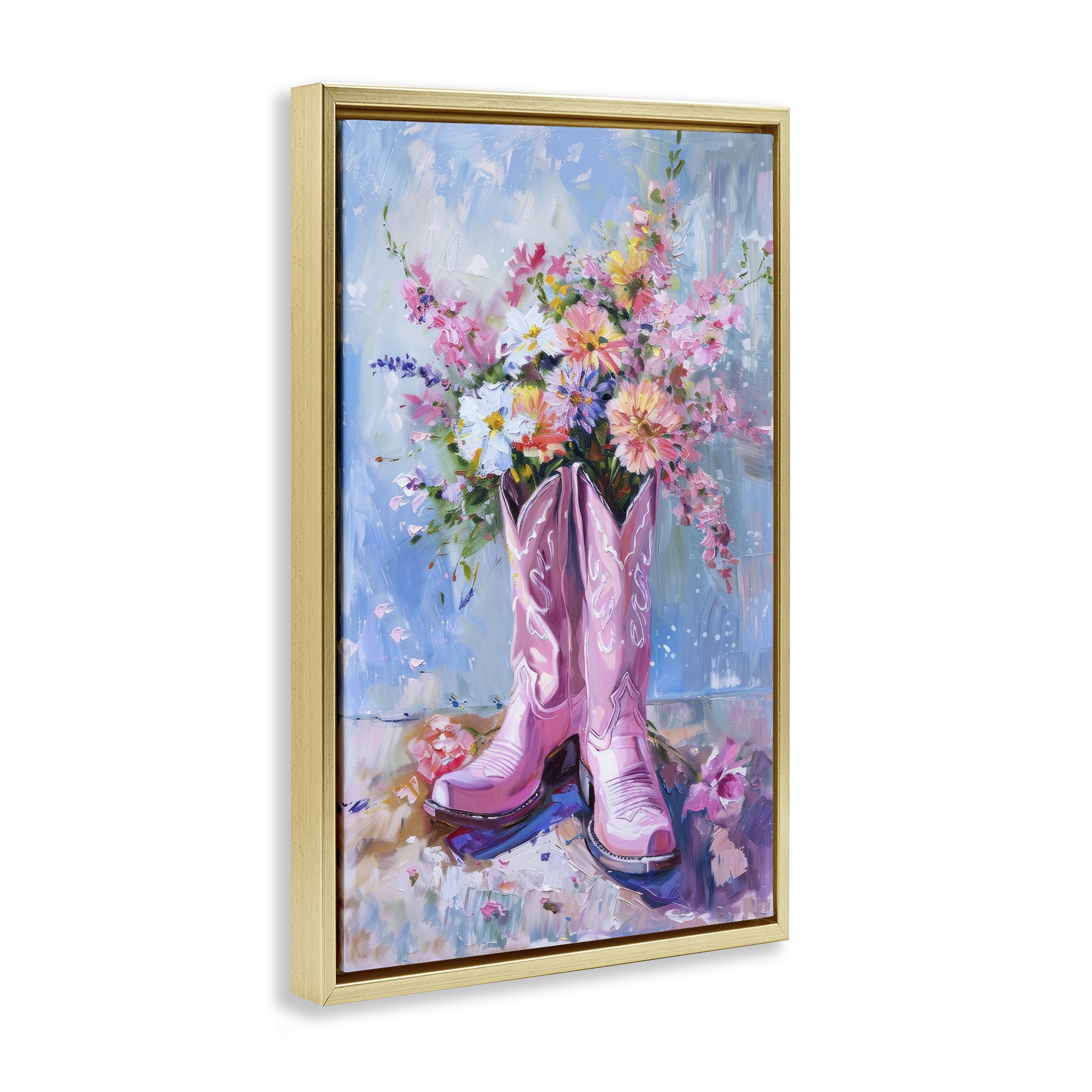 Stupell Industries Floral Cowgirl Boots Plants & Flowers Painting Gold Floater Framed Canvas Art Print Wall Art, 17 x 25